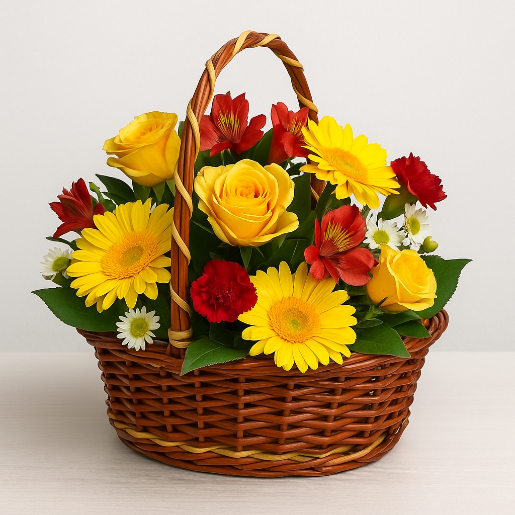 Cane Round Basket with Long Handle - 22 cm