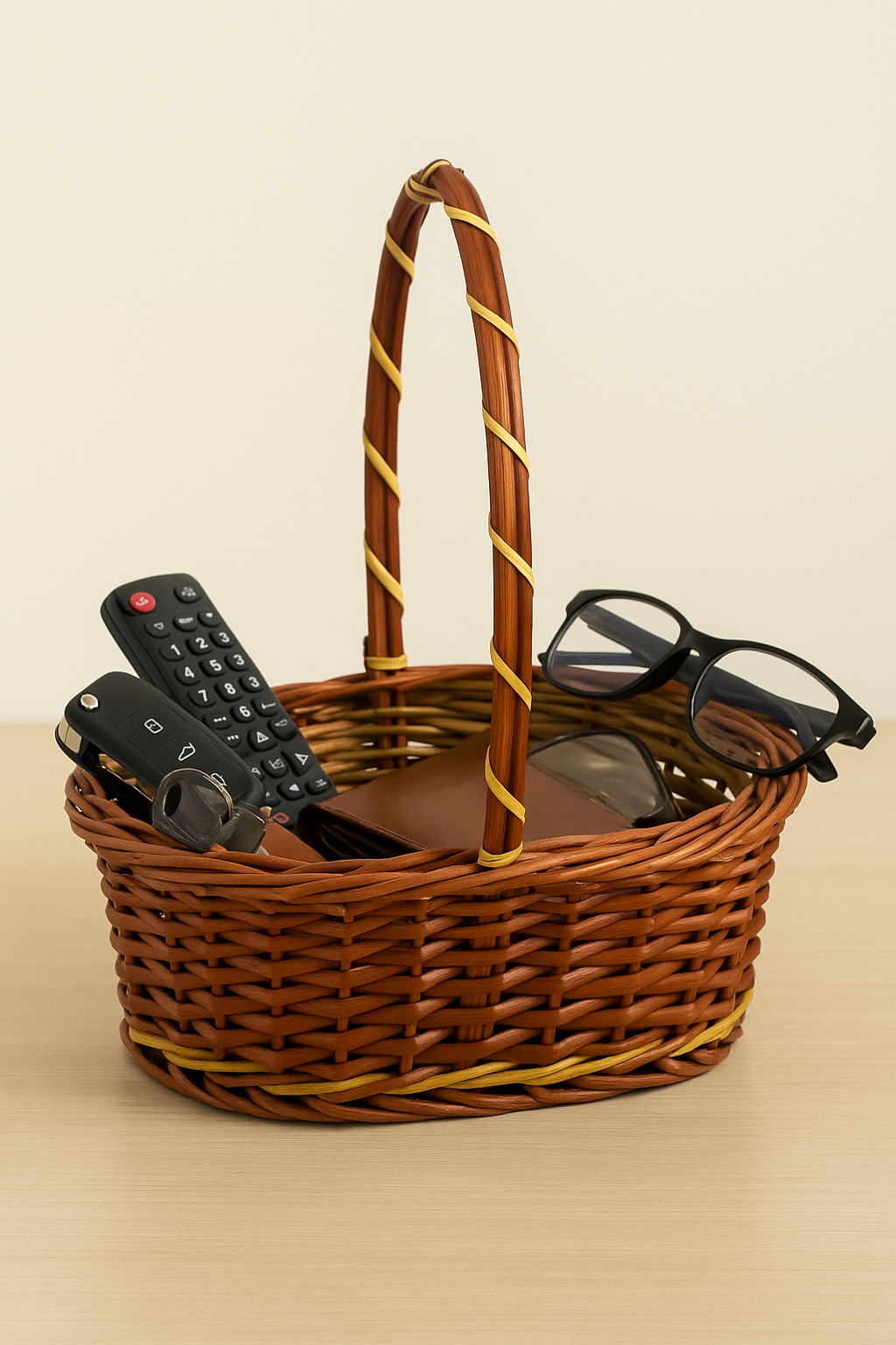 Cane Round Basket with Long Handle - 22 cm