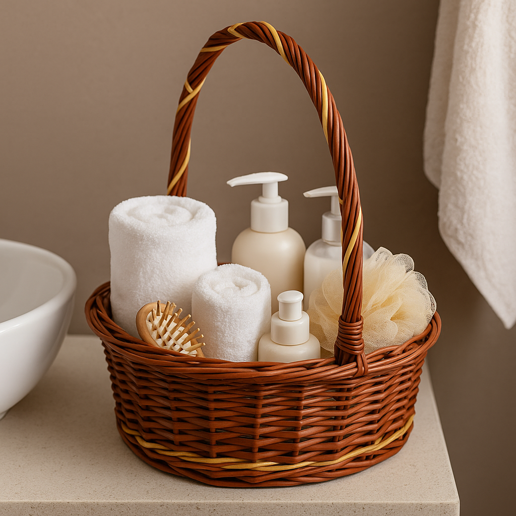 Cane Round Basket with Long Handle - 22 cm