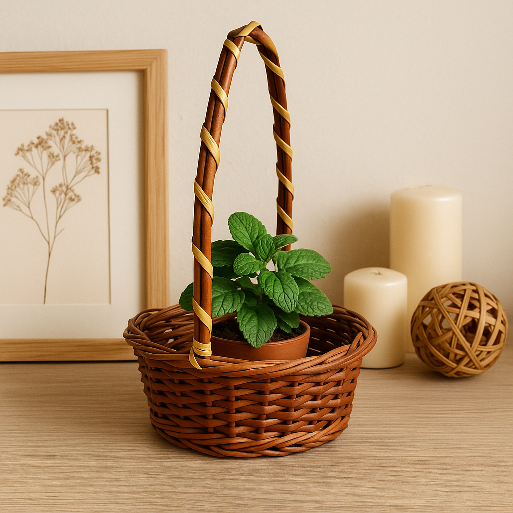 Cane Round Basket with Long Handle - 16 cm