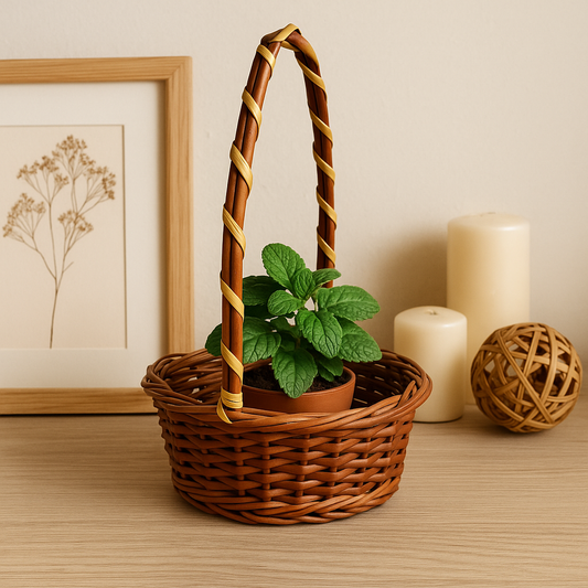 Cane Round Basket with Long Handle - 16 cm