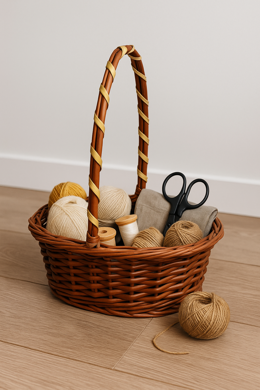 Cane Round Basket with Long Handle - 16 cm